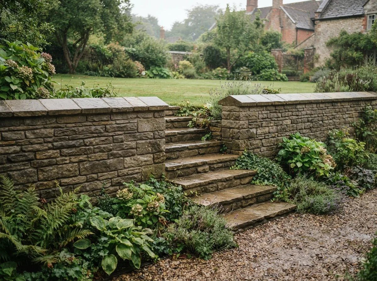 A newly built coursed stone garden wall with steps rising through it