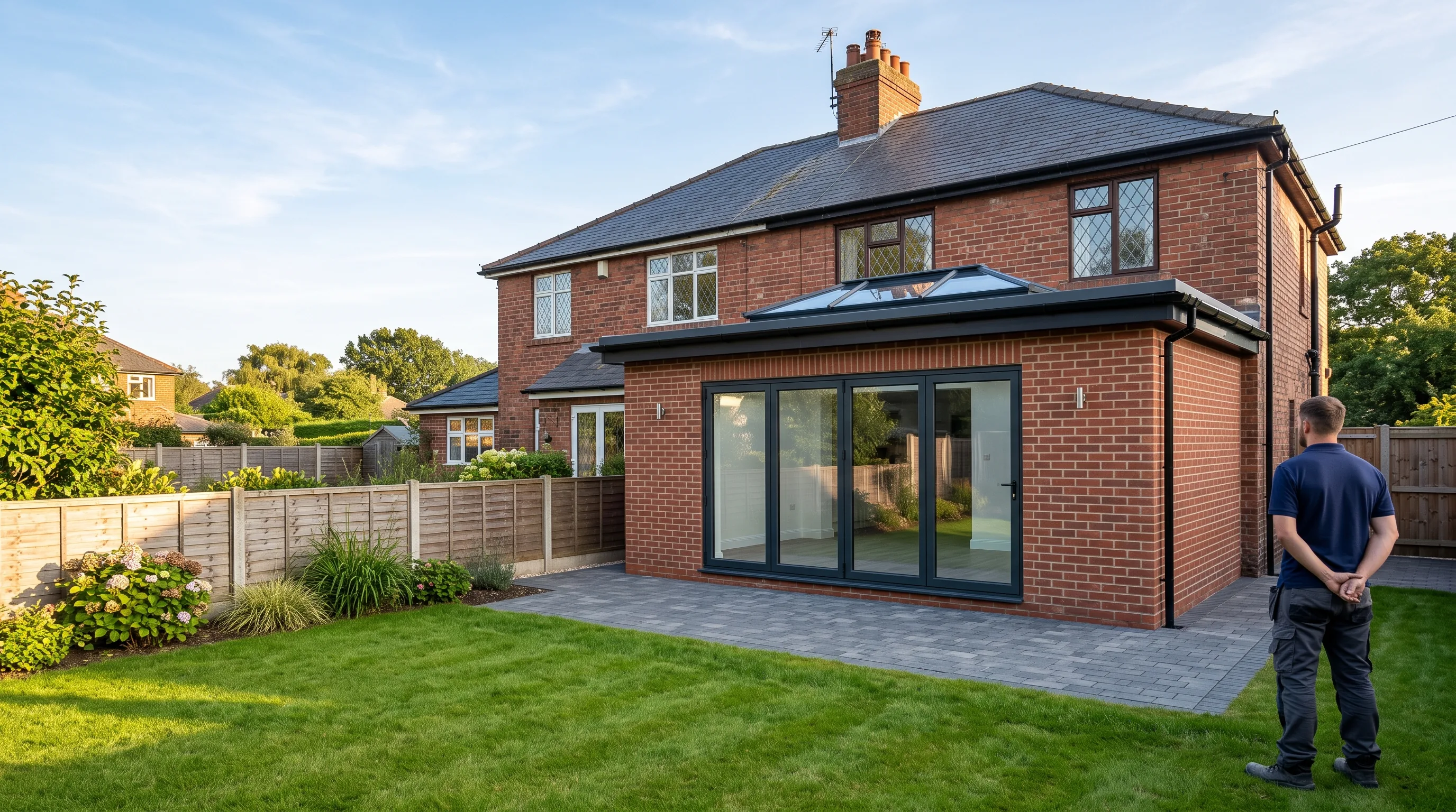 A completed single-storey rear extension in matching brick with bifold doors
