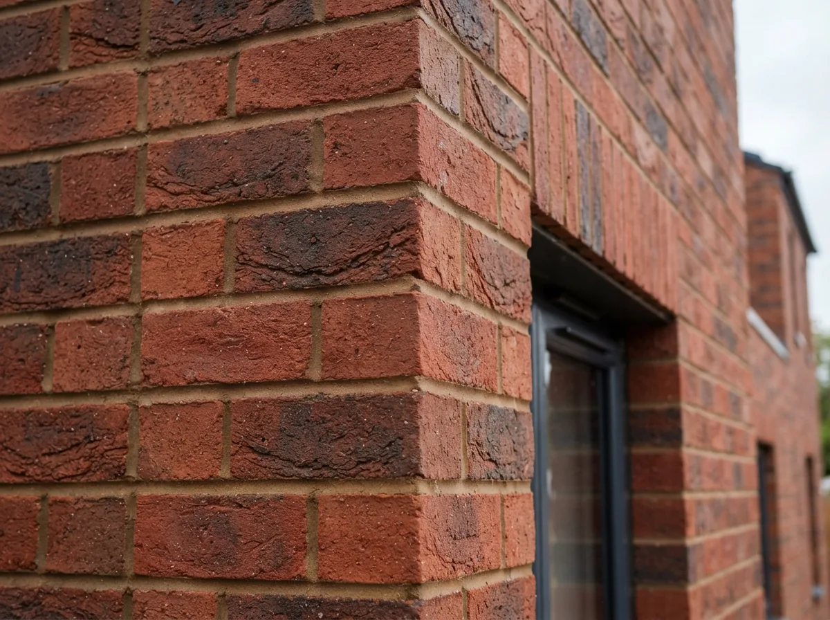 Newly laid facing brickwork in even stretcher bond with crisply struck joints