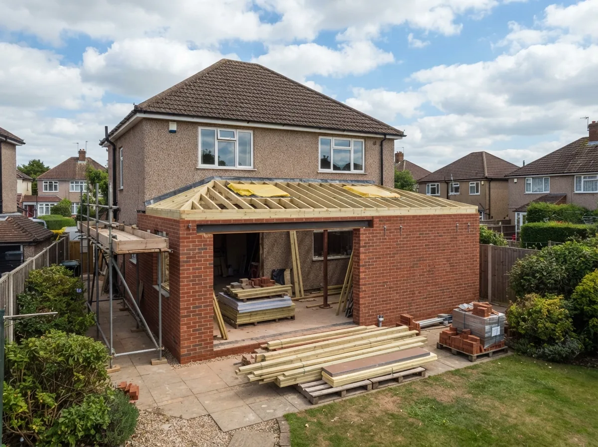A rear extension under construction, brickwork up to eaves and roof joists laid