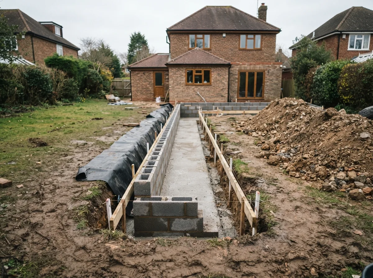 New foundations and blockwork below ground level, set out with profile boards