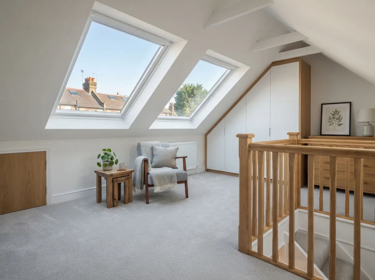 A finished loft conversion with sloping ceilings and large roof windows