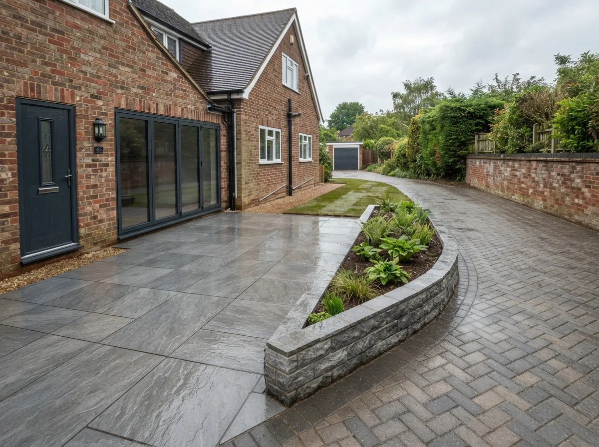 A newly laid porcelain patio and block-paved driveway