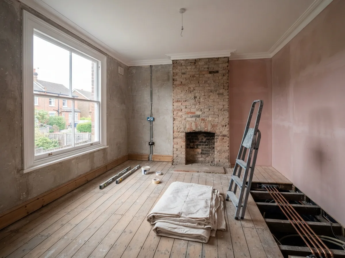 A house part-way through renovation, one wall freshly skimmed and floors lifted