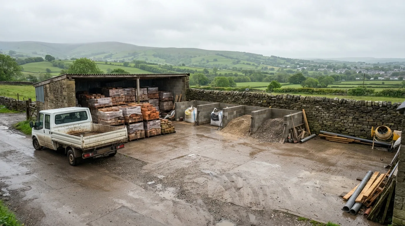 Our yard — bricks and aggregate stacked ready, with the tipper loaded up