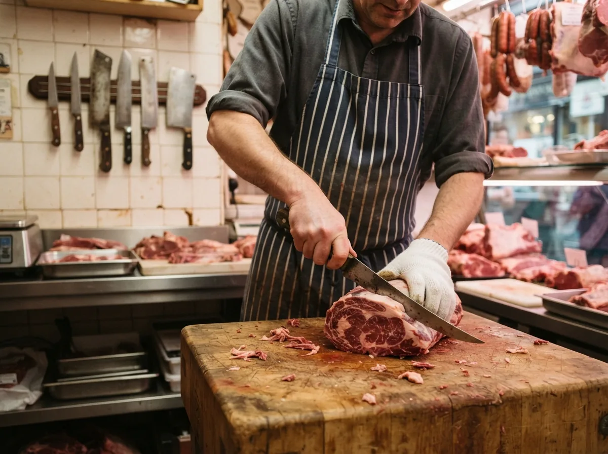 A butcher in an apron working at the block