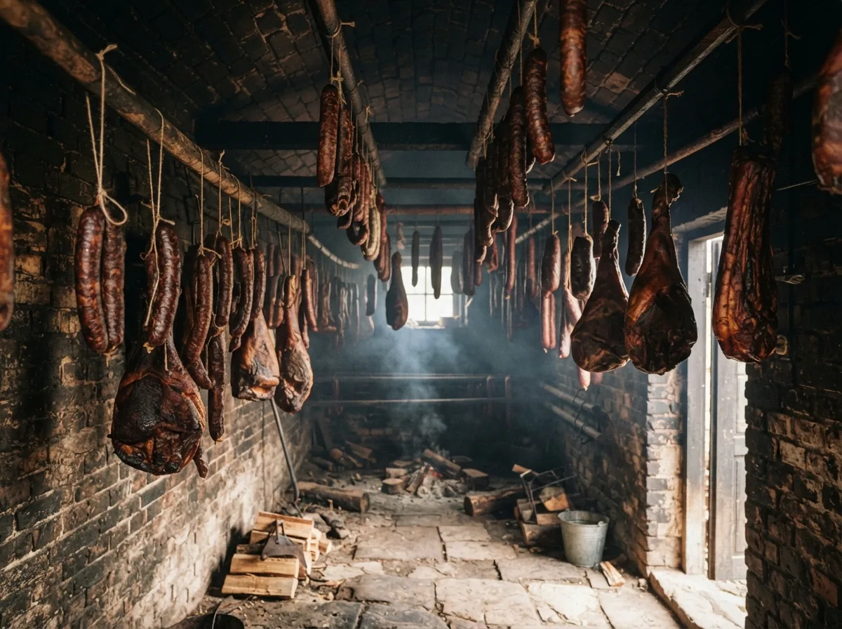 Inside the smokehouse, with sausage and hams hanging