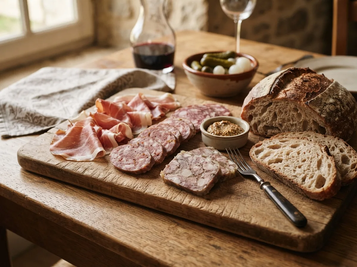 A board of sliced ham, sausage and brawn with bread