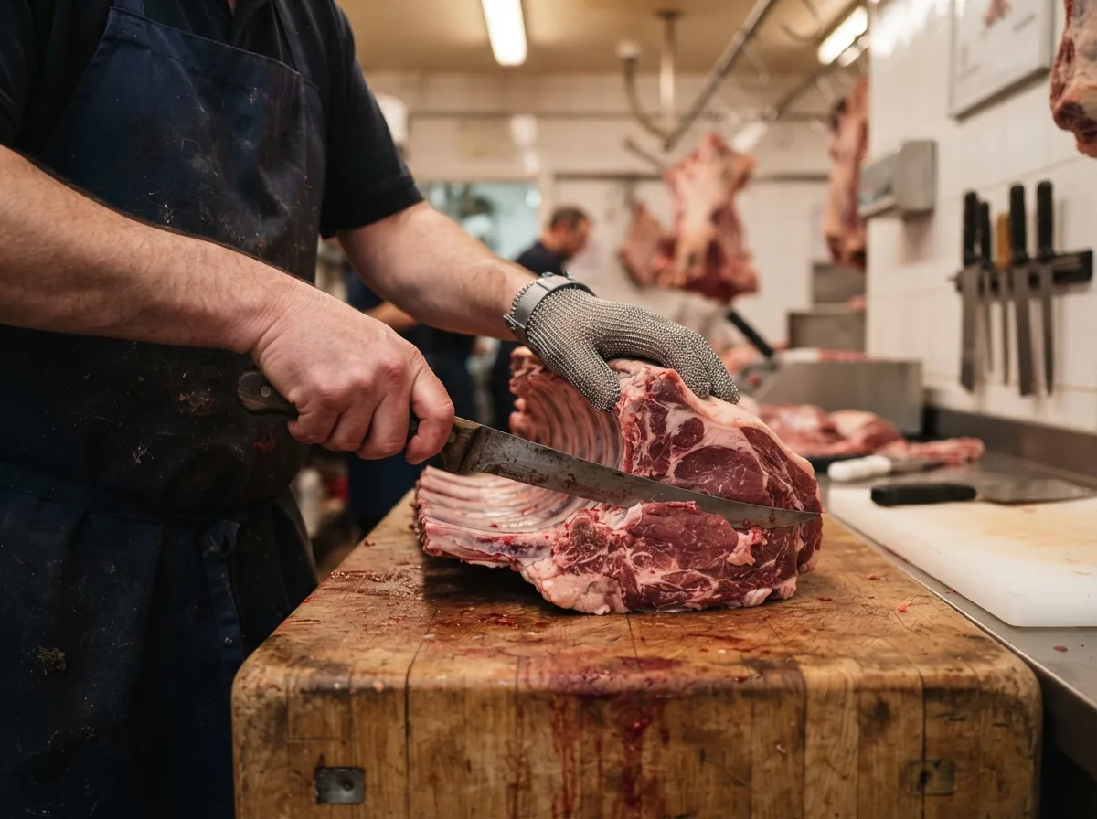 A butcher breaking down a side of beef on the block