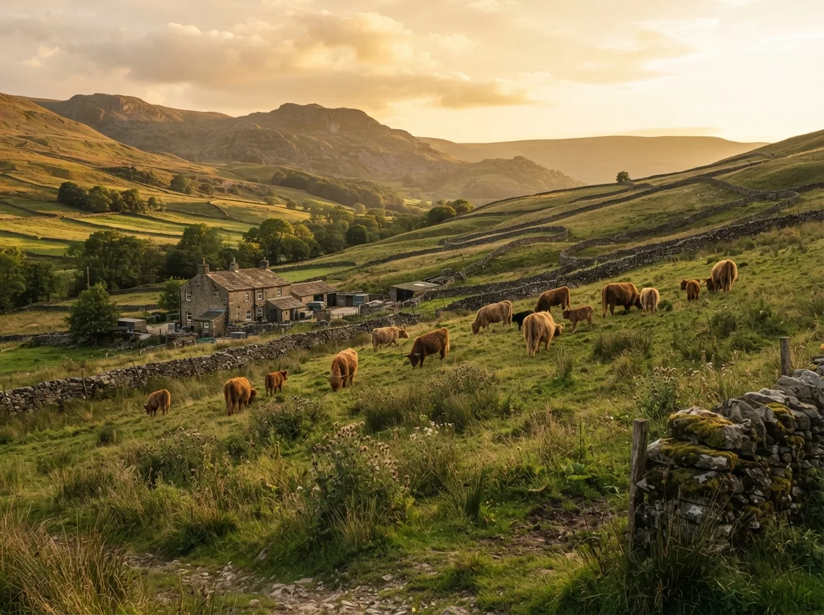 Cattle grazing on a hillside farm in evening light