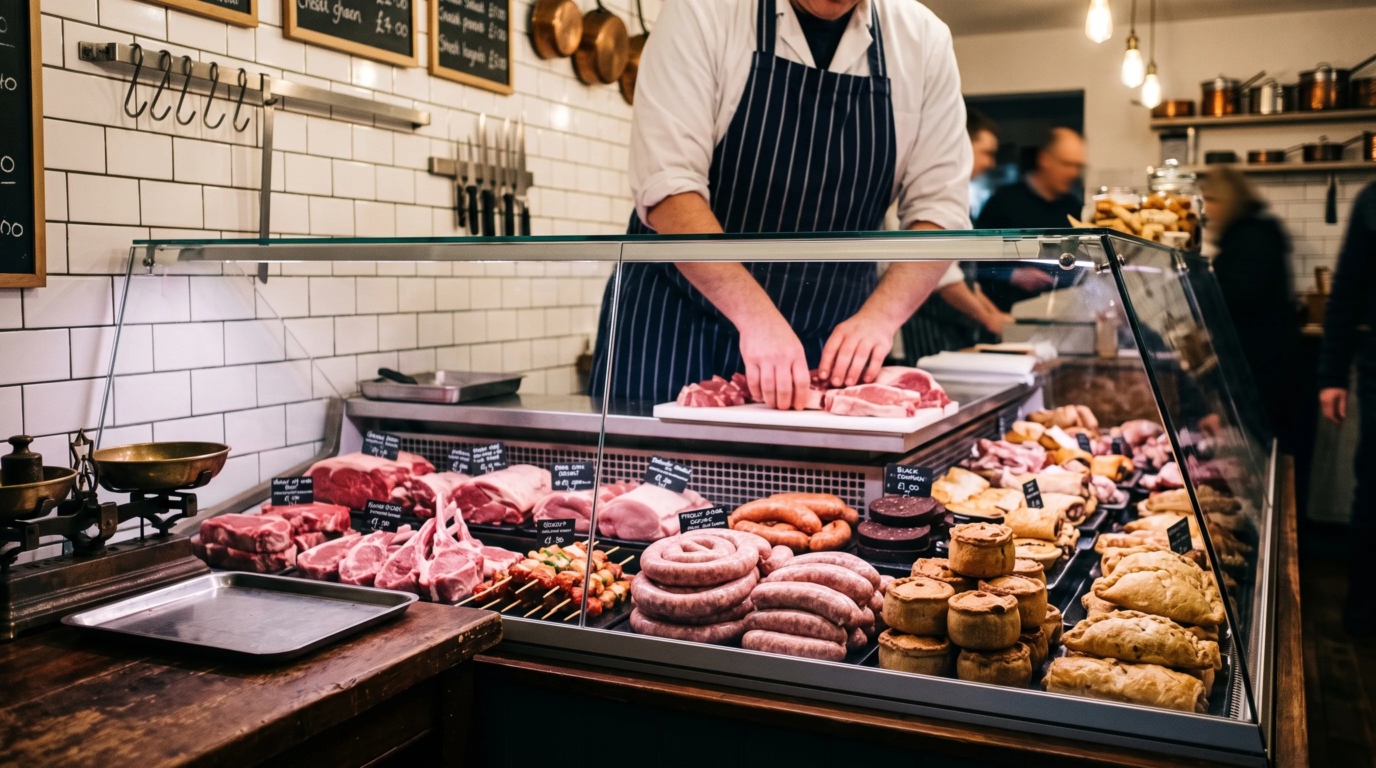 A butcher's counter full of fresh meat and sausage
