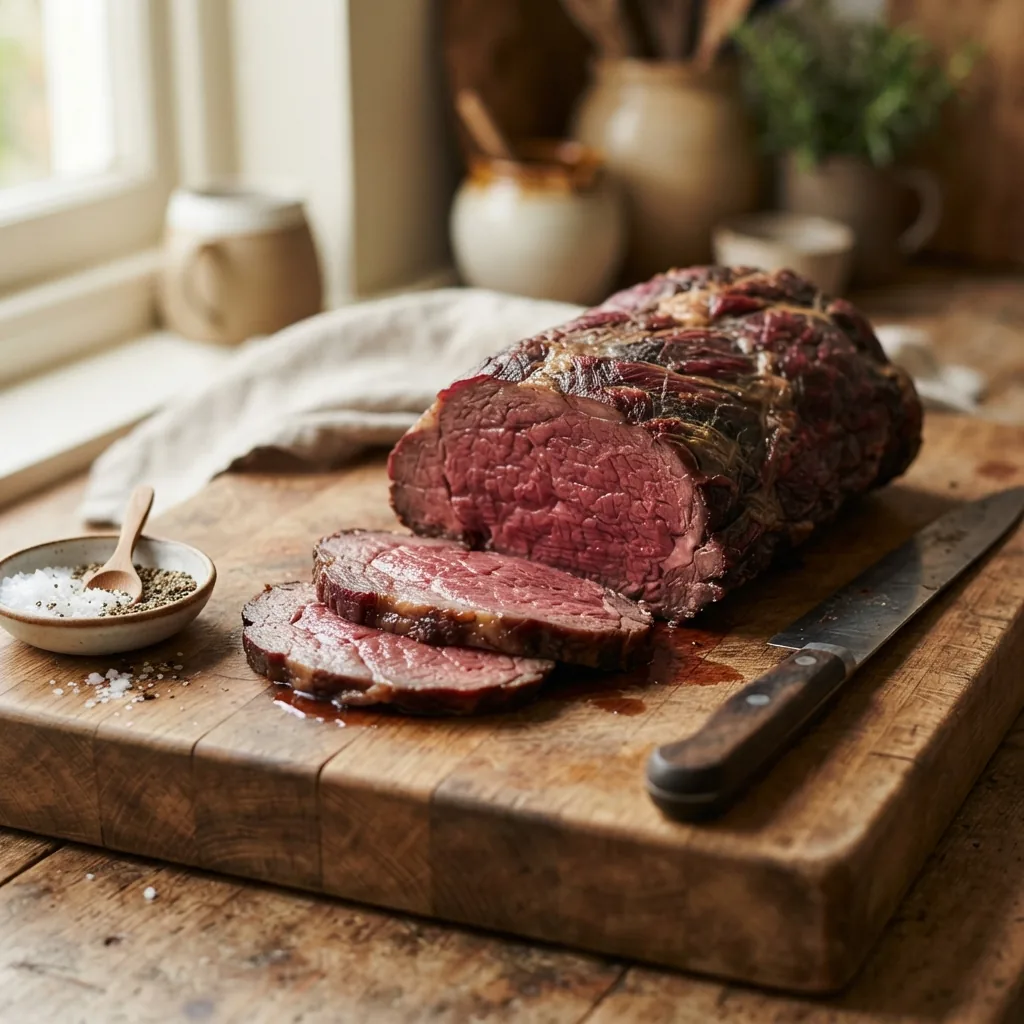 Dry aged topside of beef with a few slices cut, on a board