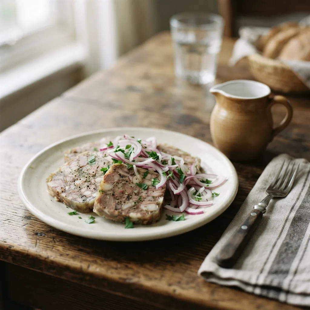 Slices of brawn on a plate with onion and vinegar