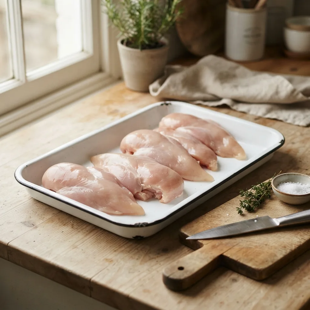 Free range chicken breasts on a white enamel tray