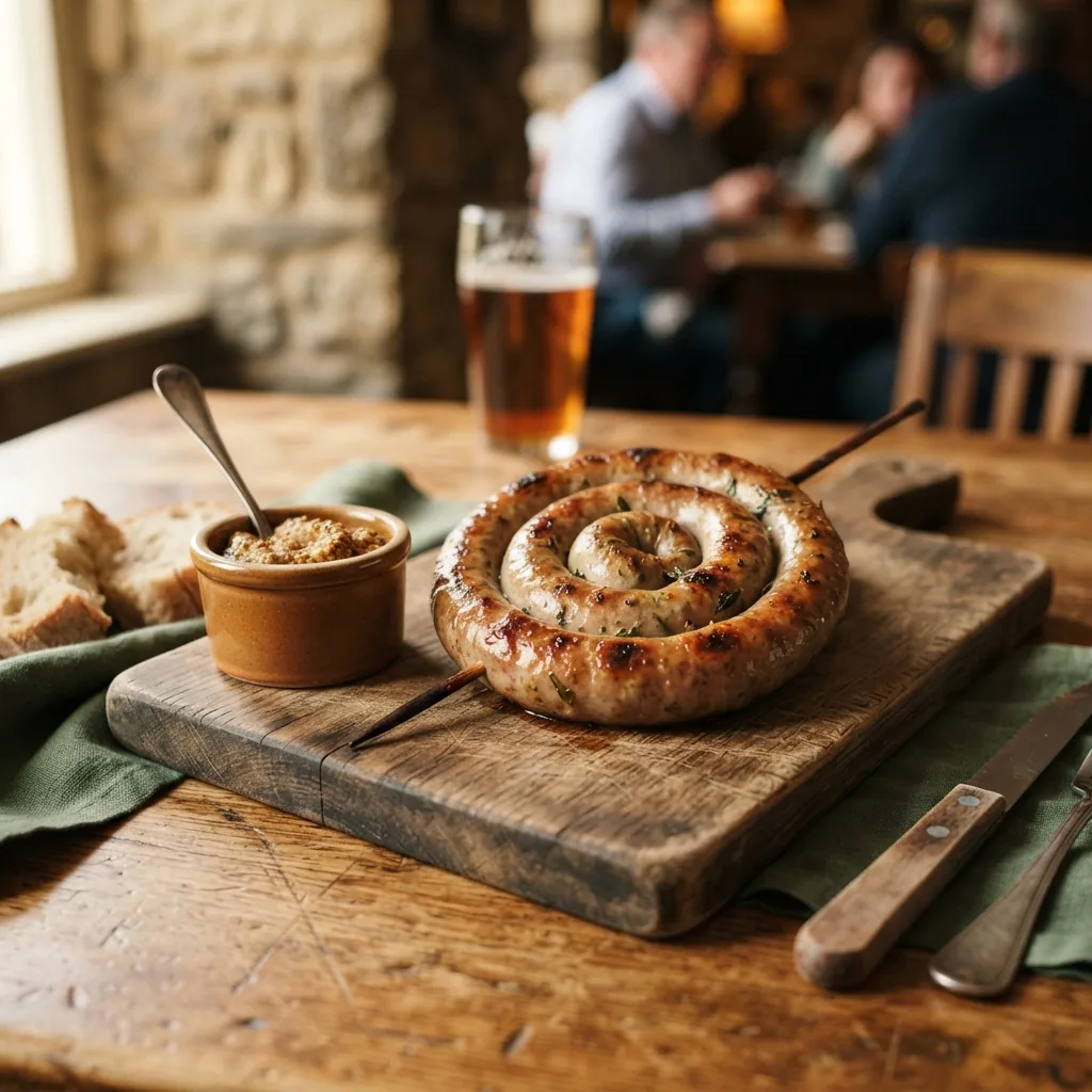 A Cumberland ring on a board with mustard beside it