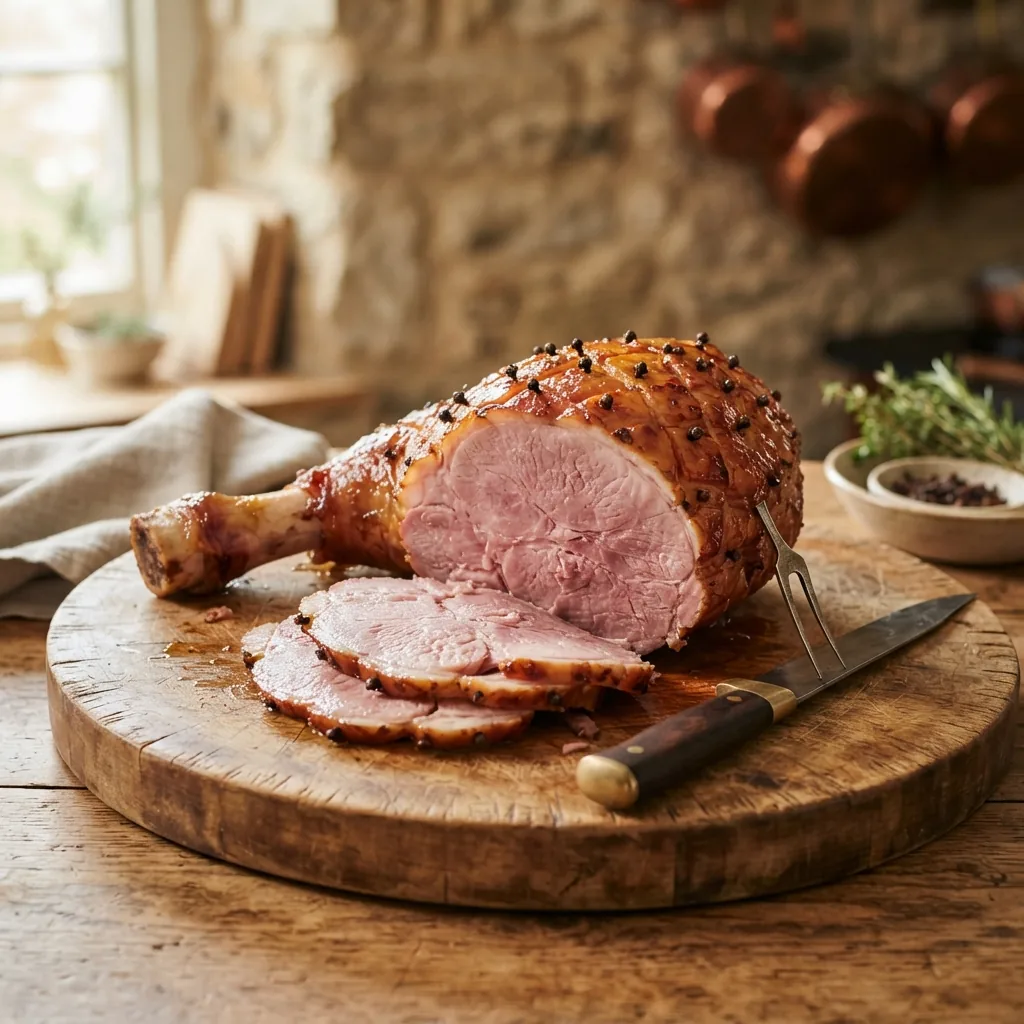 Ham on the bone with slices carved off, on a board