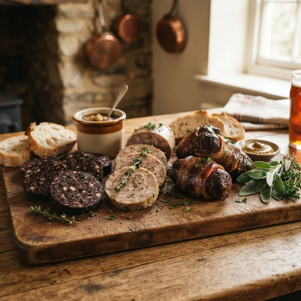 Black pudding, white pudding and faggots laid out on a large board