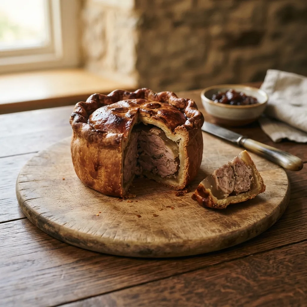 A hand-raised pork pie with a wedge cut out of it