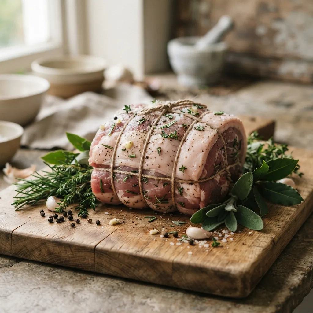 A boned and rolled pork shoulder on a wooden board with herbs