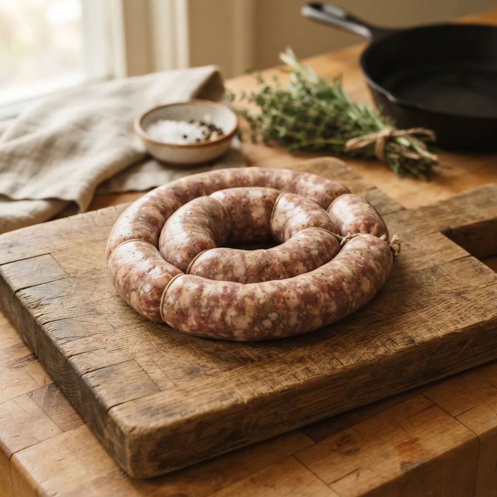 A coil of butcher's own sausage on a board