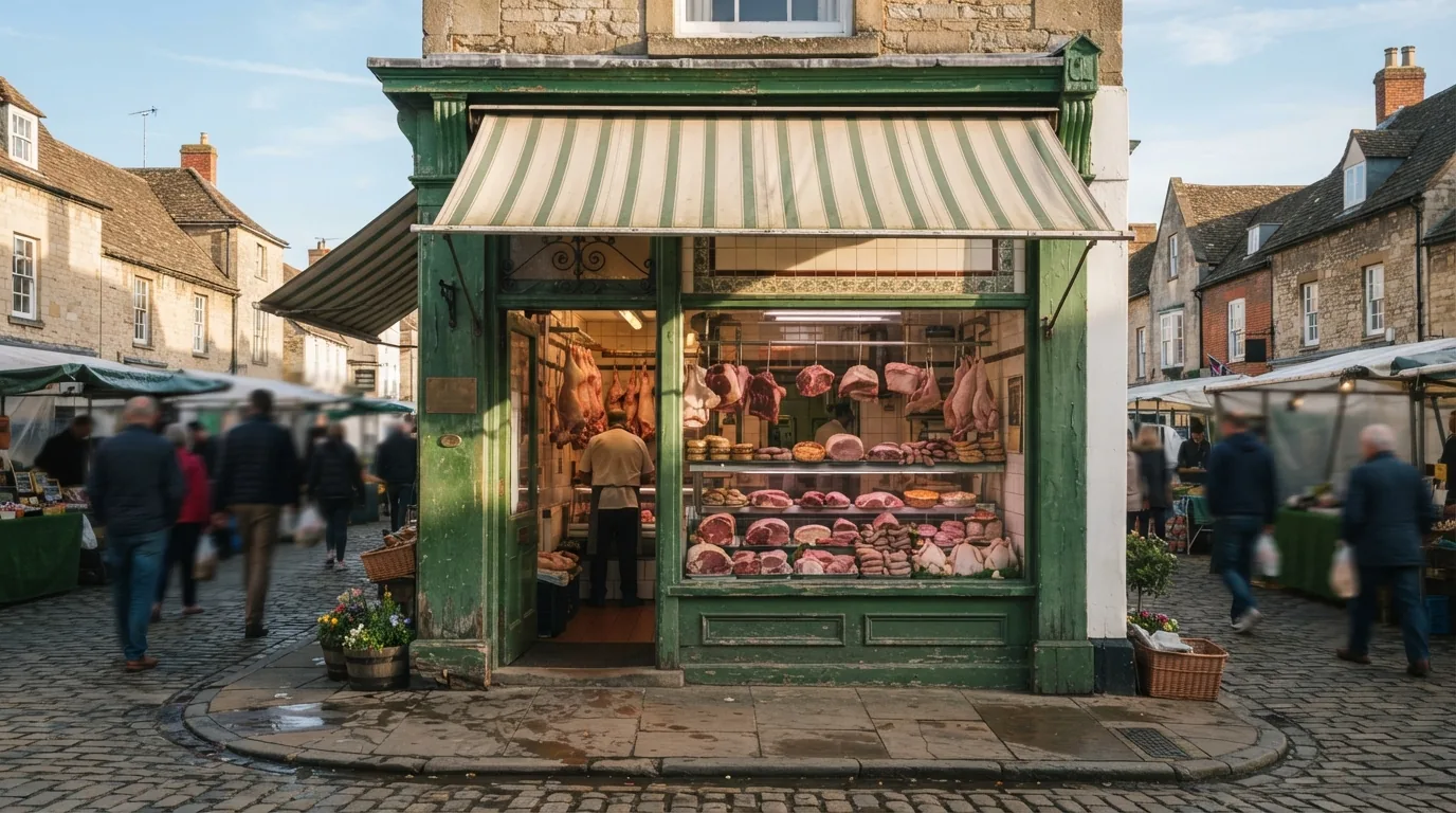 The shop front on the market place on a sunny morning