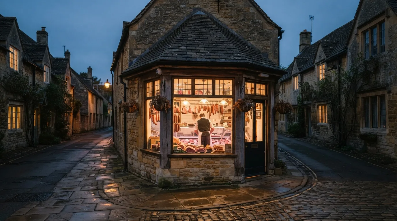 The second shop on a village street, lit in the evening