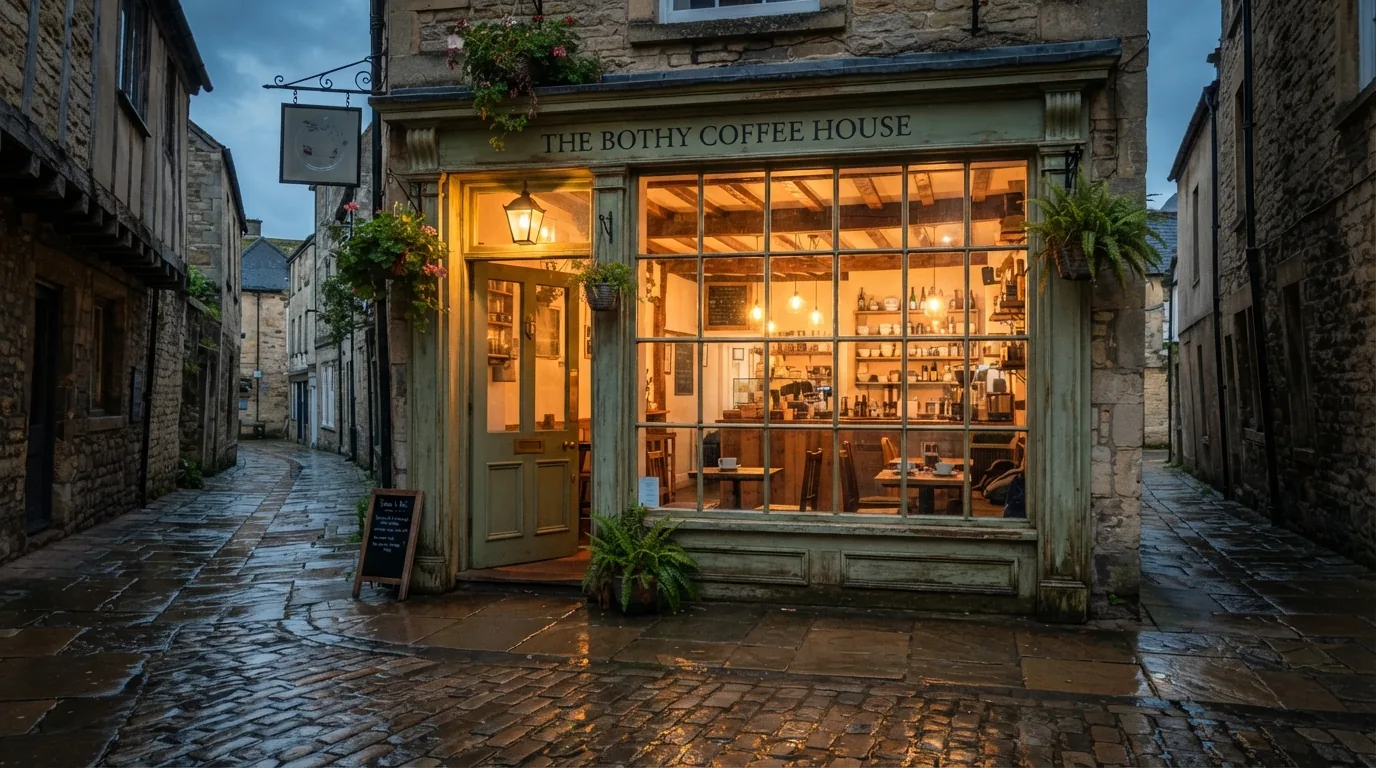 The shopfront on a narrow street, lights on inside