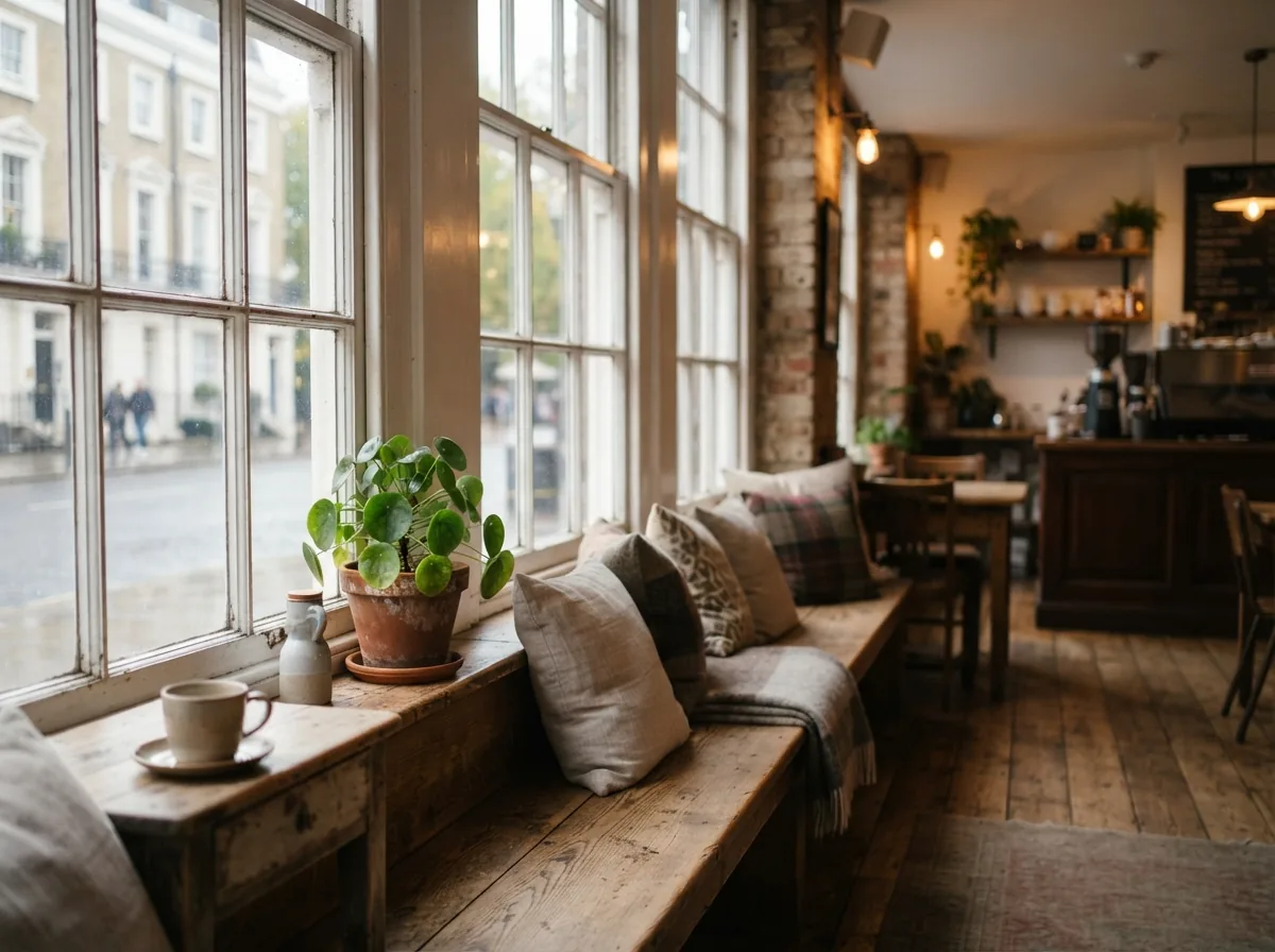 The window seats, wooden furniture and plants
