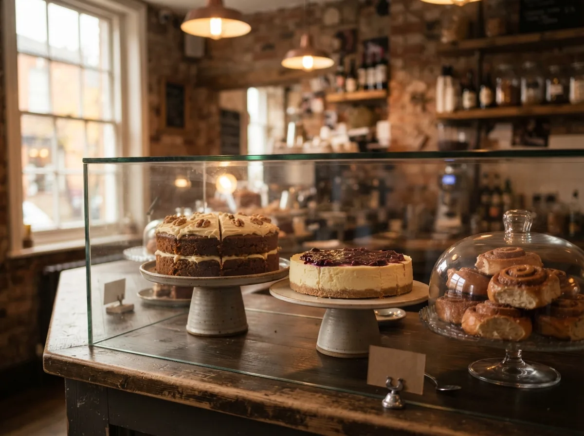 The cake counter, cakes and cinnamon buns behind glass