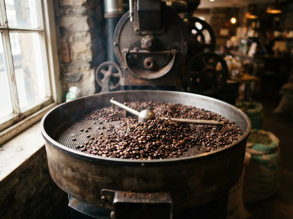 The drum roaster out the back with a fresh batch