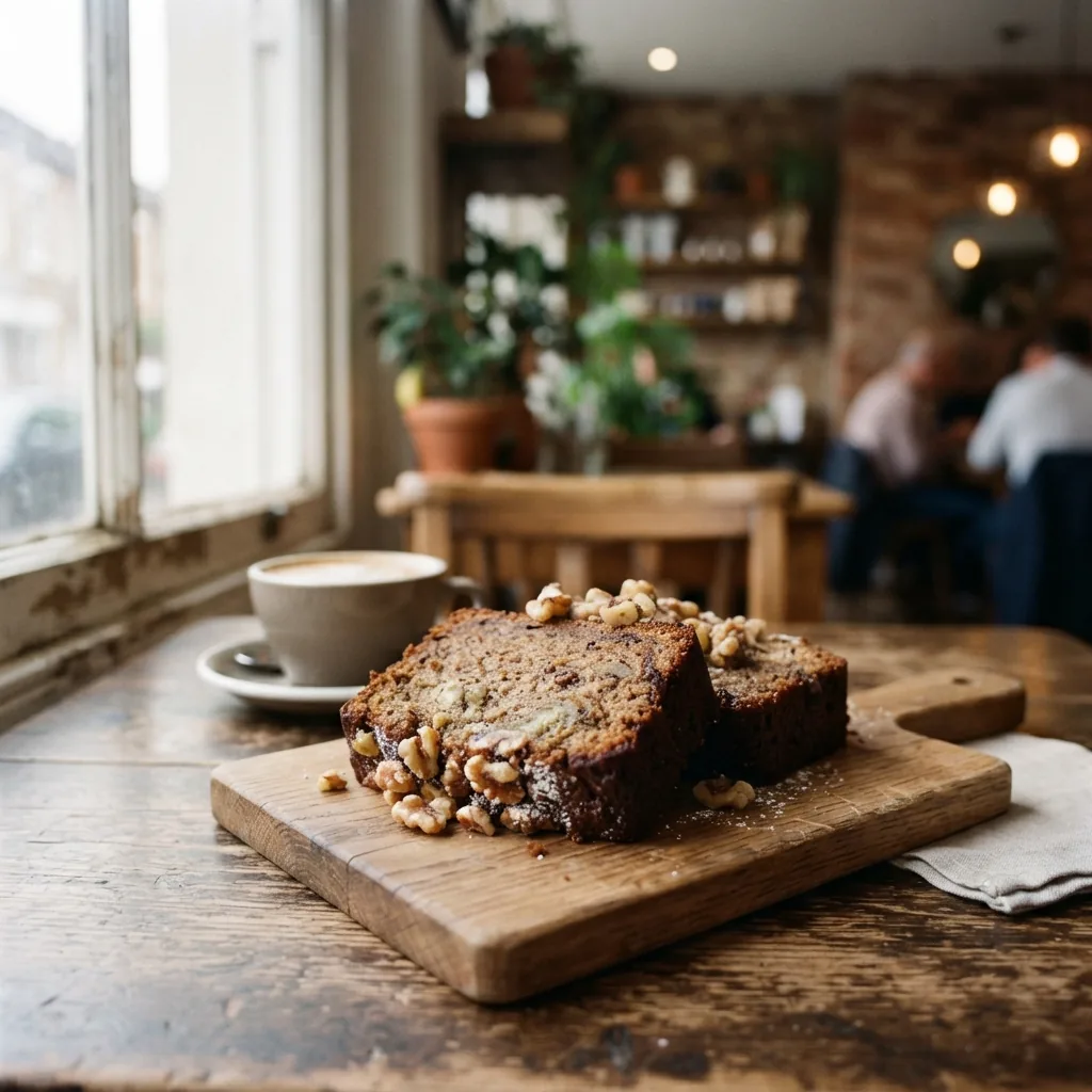Two slices of banana bread on a board