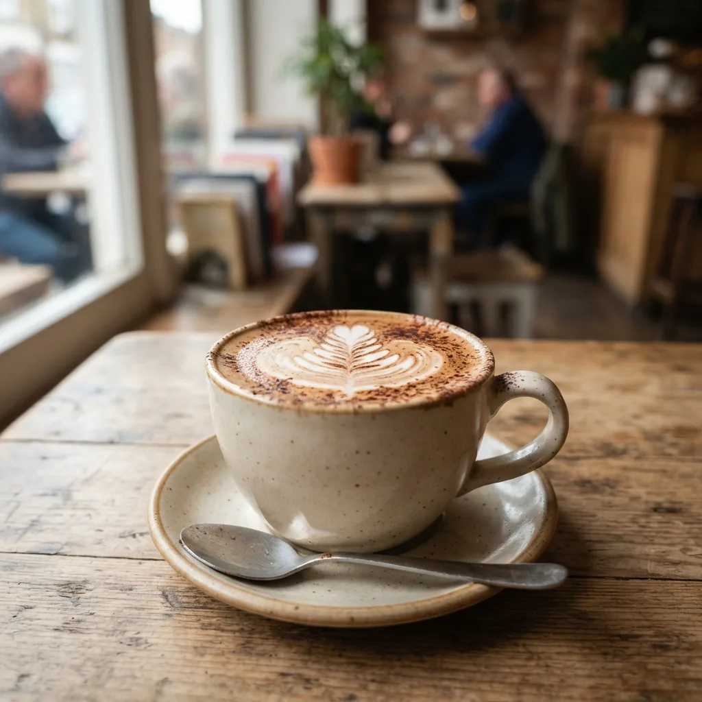 A cappuccino with a leaf poured into it