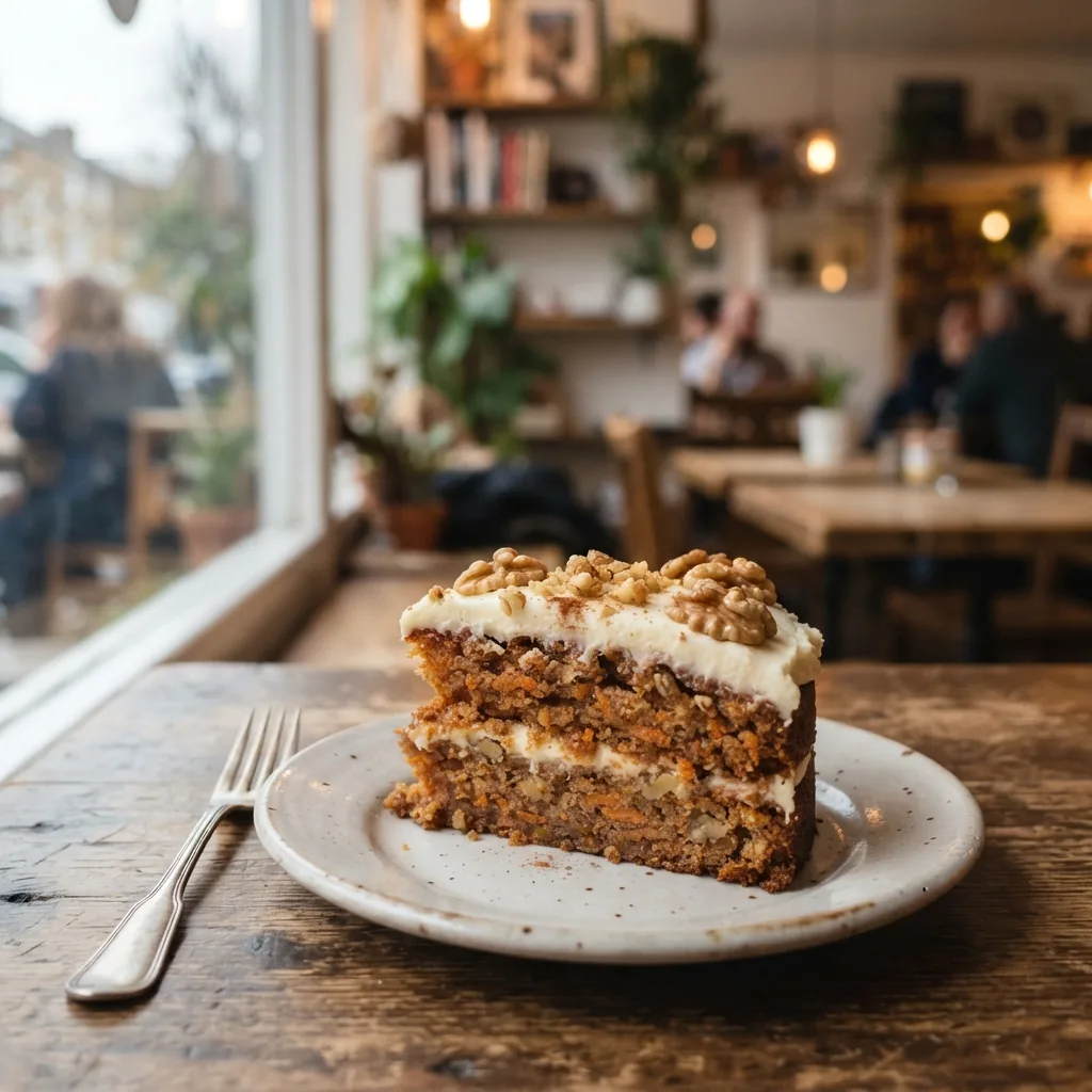 A slice of carrot cake with cream cheese frosting