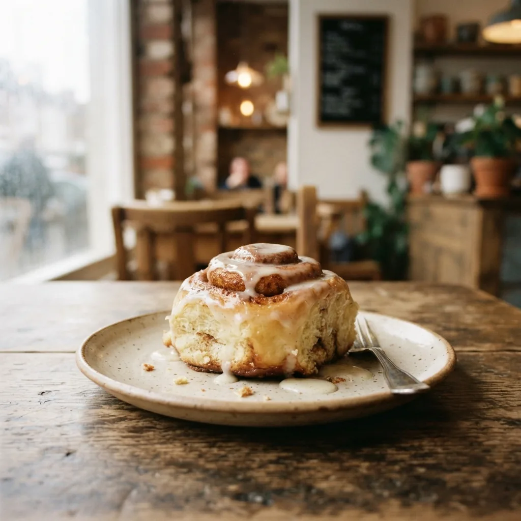 A cinnamon bun fresh from the oven