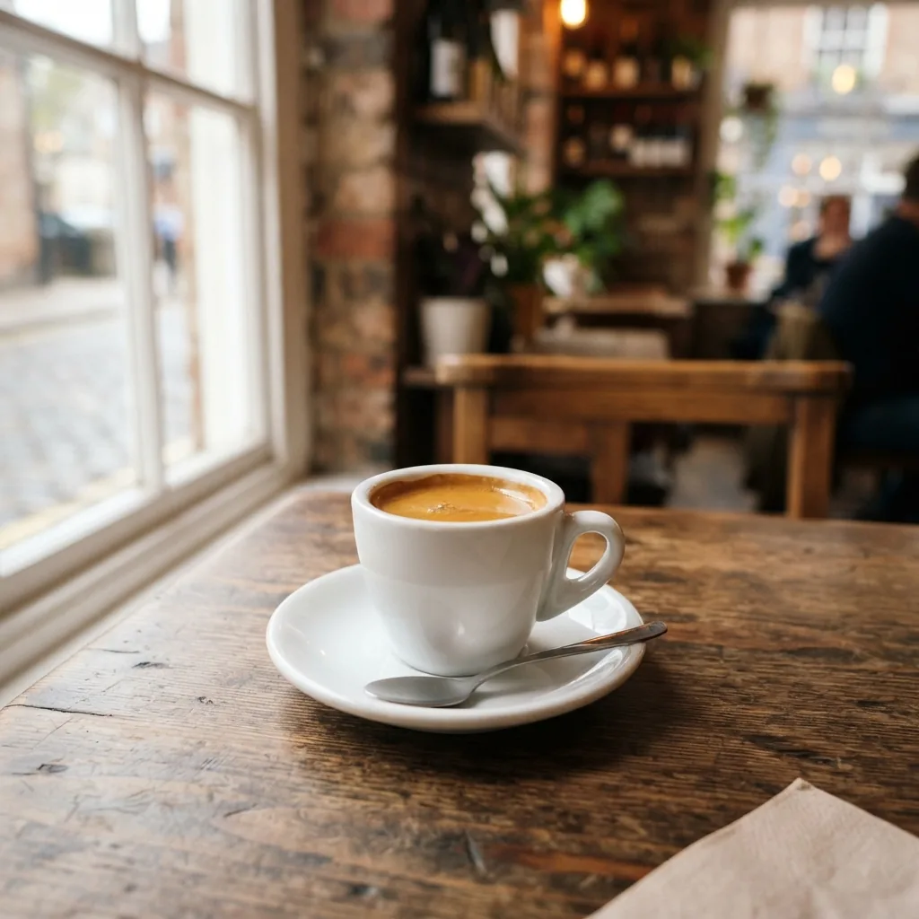 An espresso with a golden crema in a small white cup