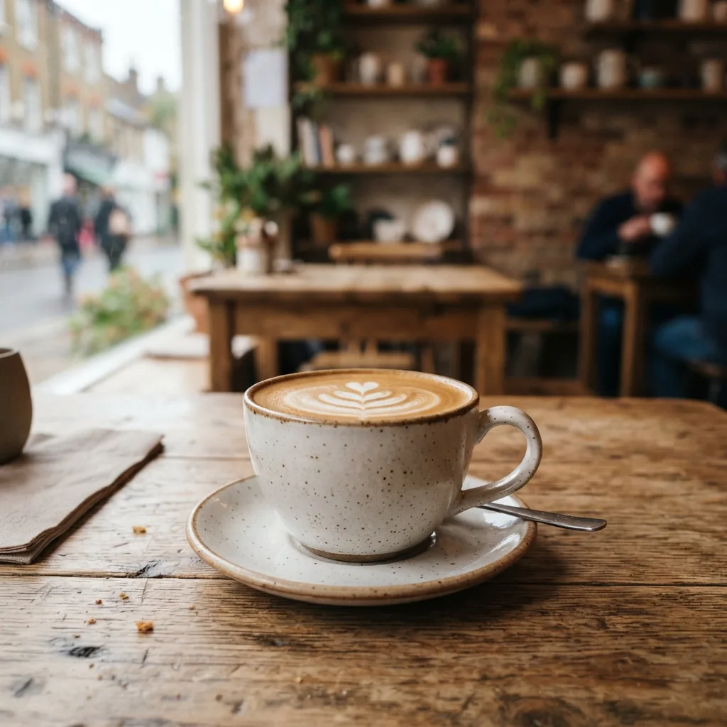 A flat white in a stoneware cup