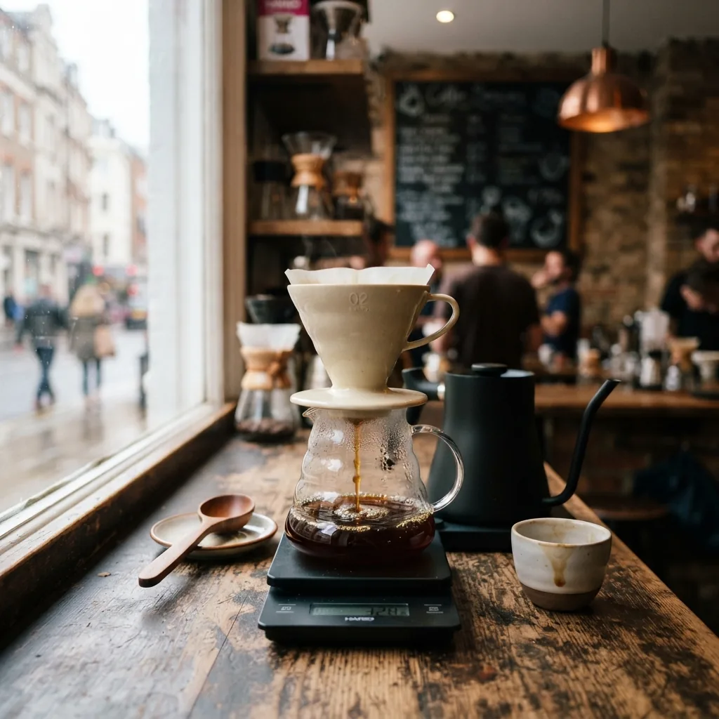A V60 filter brewing in a glass dripper