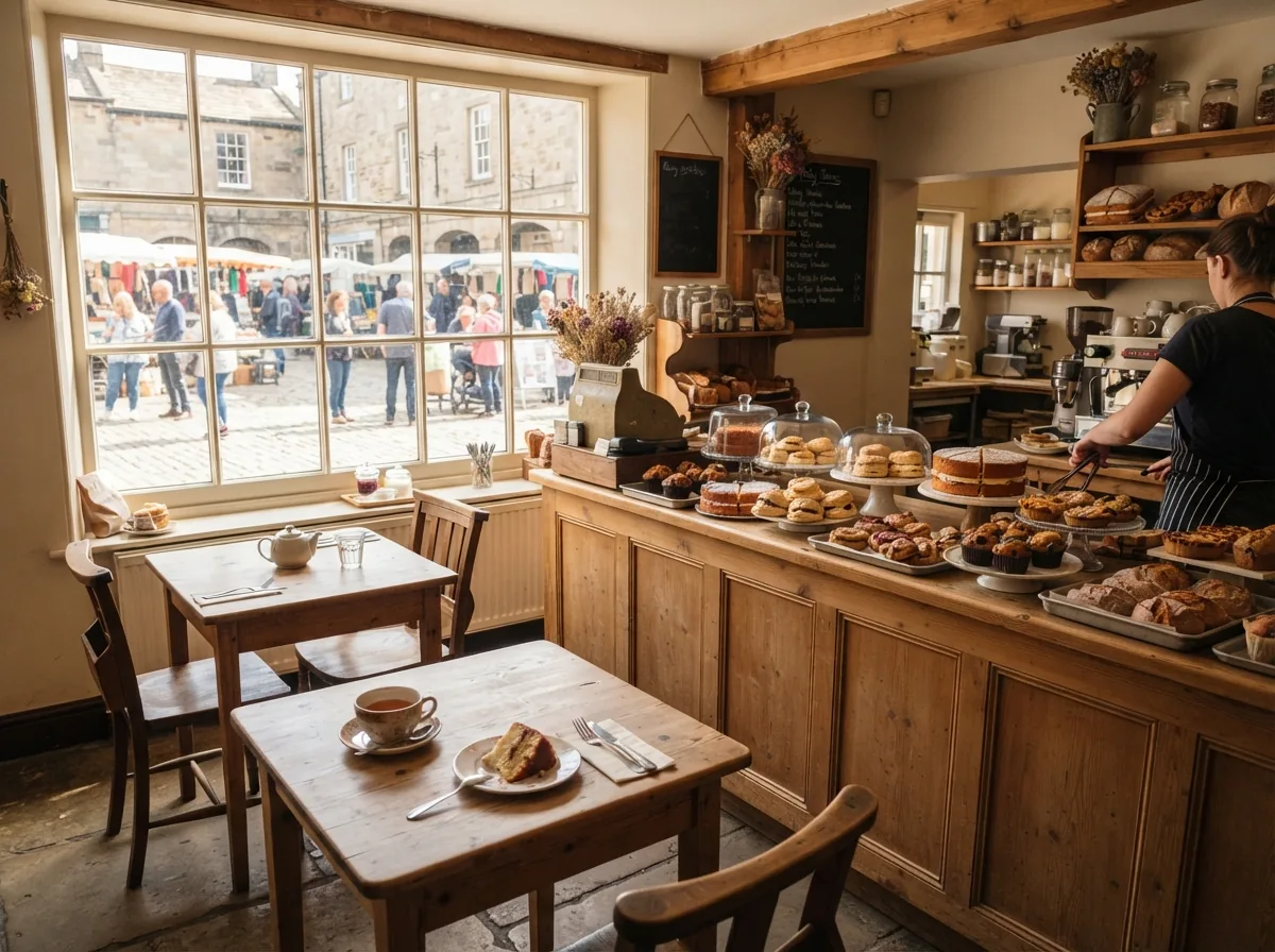 Inside the shop, with the counter full