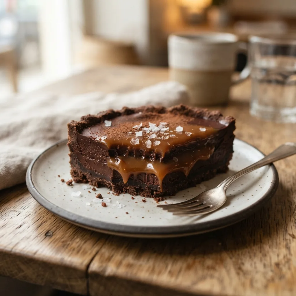 A salted caramel and dark chocolate slice