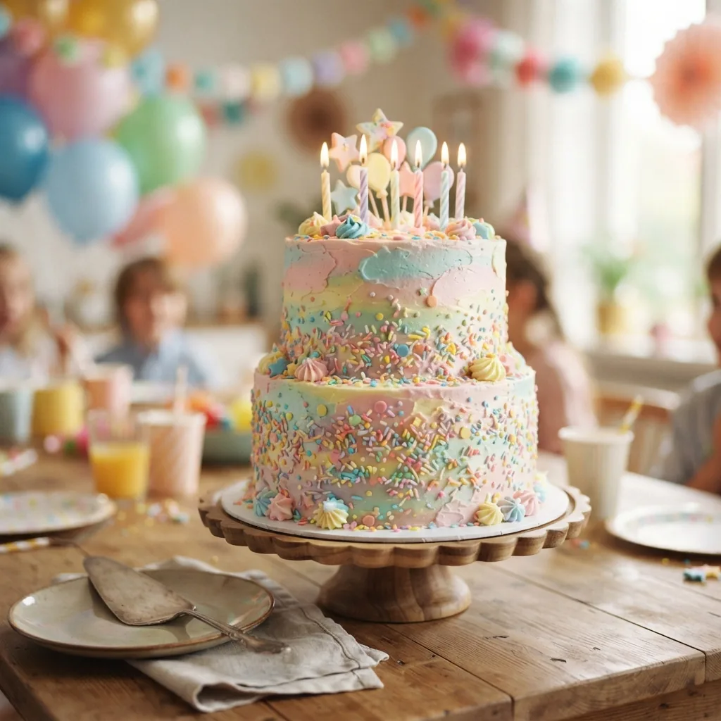 A children’s birthday cake in bright colours