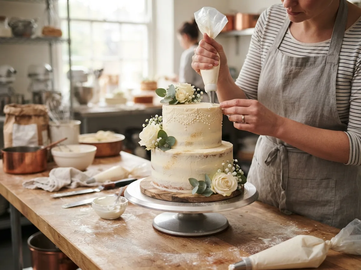 Piping the decoration onto a cake to order
