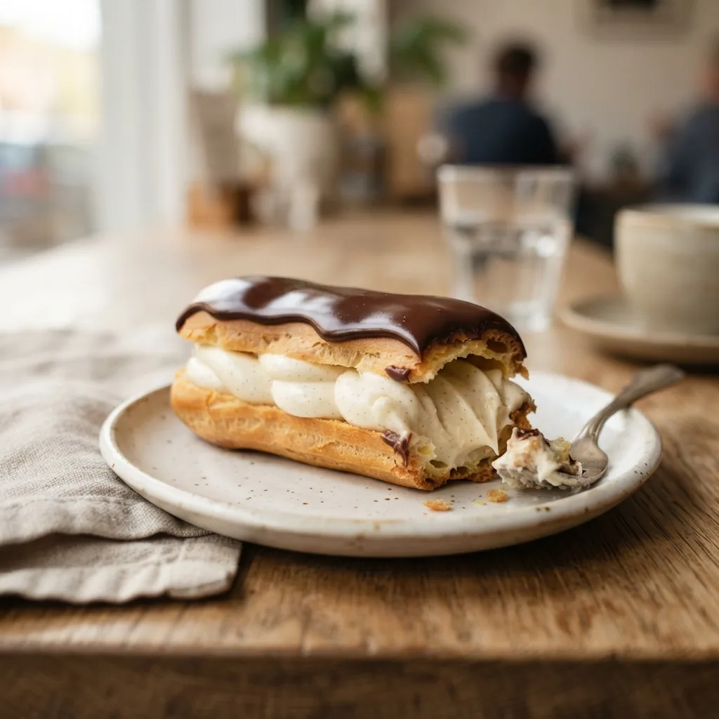 A chocolate éclair filled with crème pâtissière