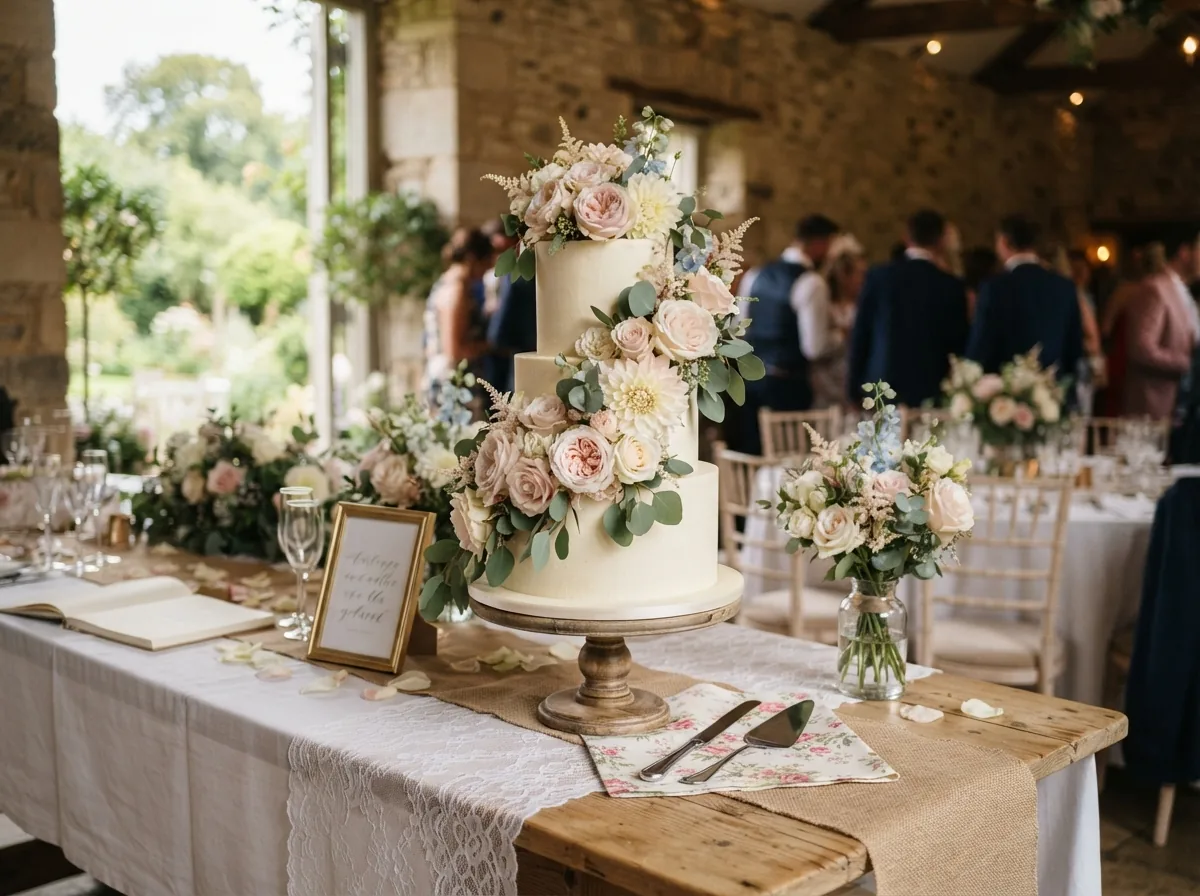 A tiered wedding cake dressed with fresh flowers