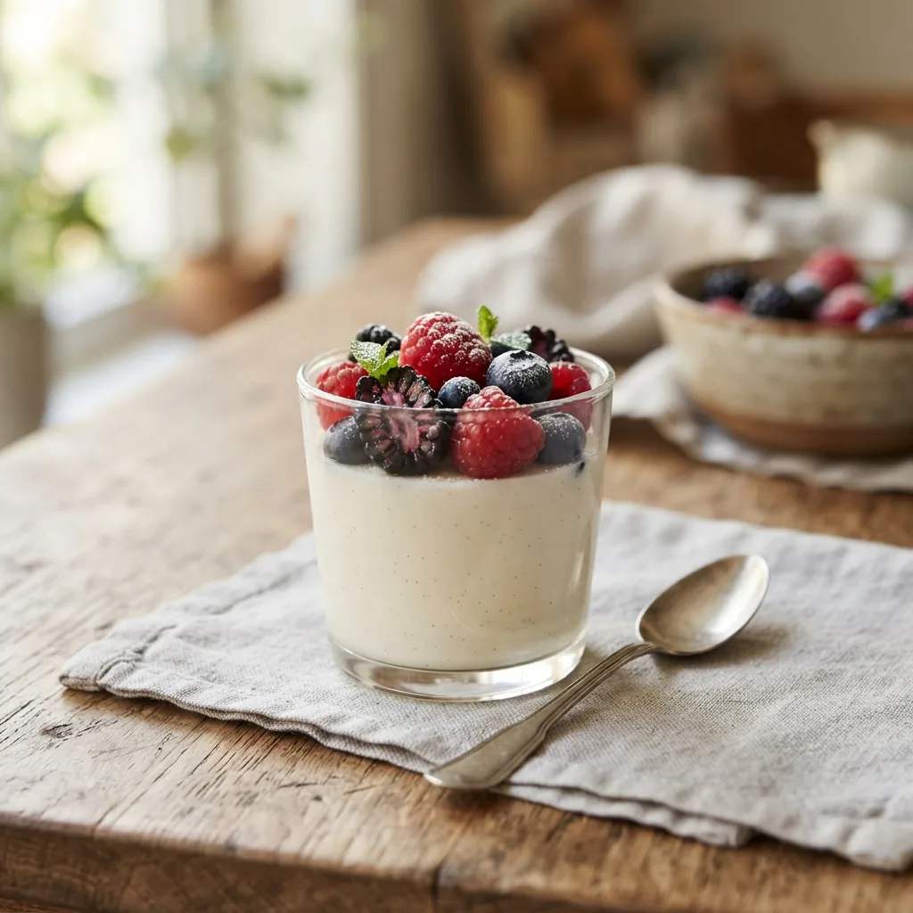 Panna cotta with berries in a small glass