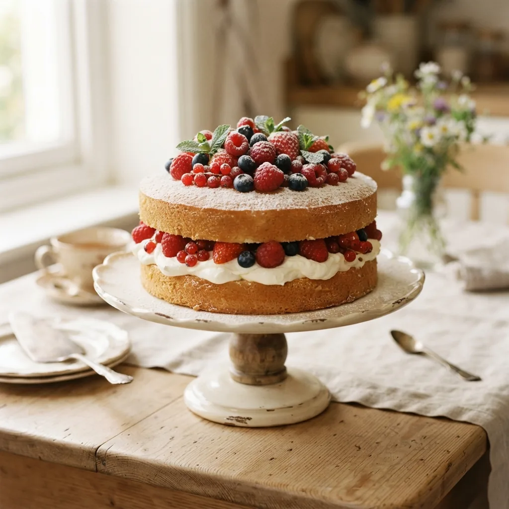 A Victoria sponge with cream and fresh fruit