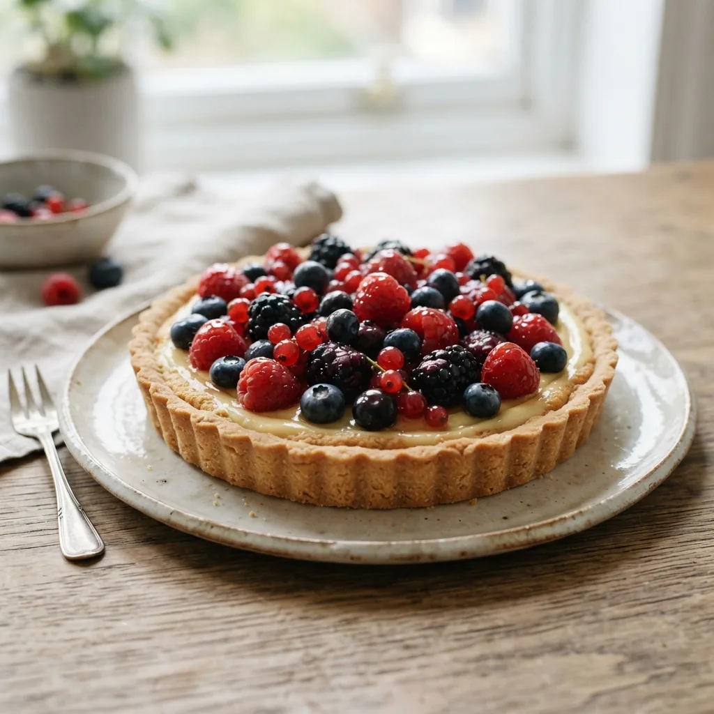 A fruit tart in a sweet pastry case