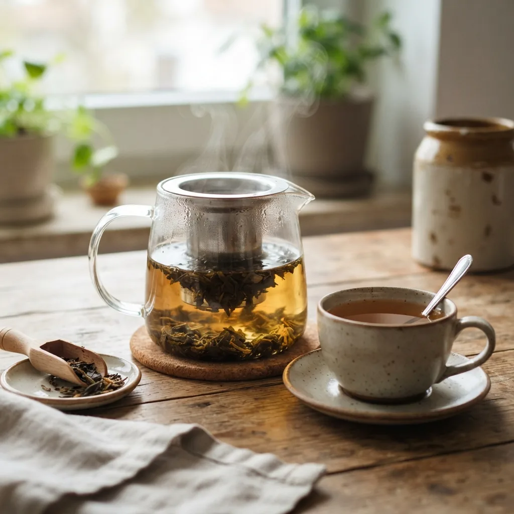 Loose leaf tea in a glass pot and cup