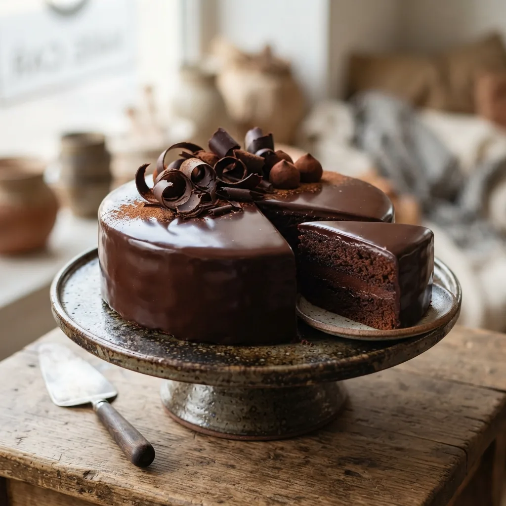 A chocolate truffle cake under a dark ganache