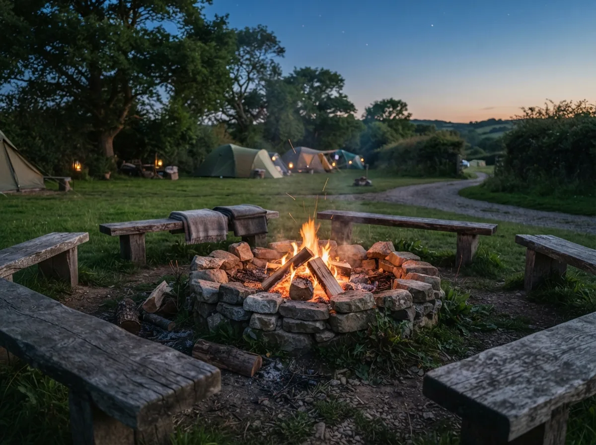A stone fire circle with benches, lit at dusk