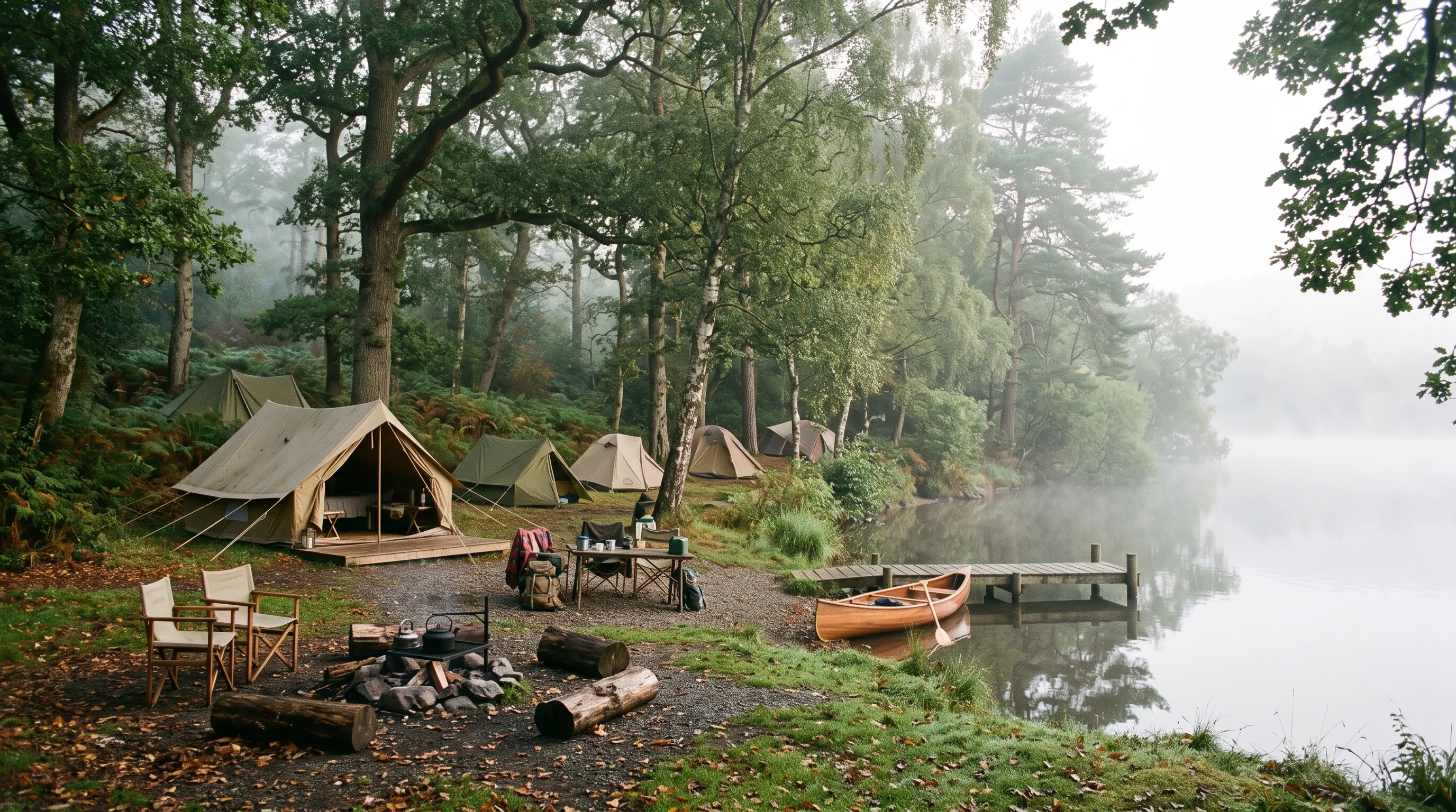 Morning mist over the lake with tents and safari tents among the trees